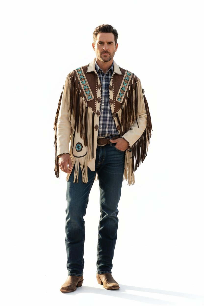 Western Leather Fringe Jacket | Native American Style Beaded Coat
