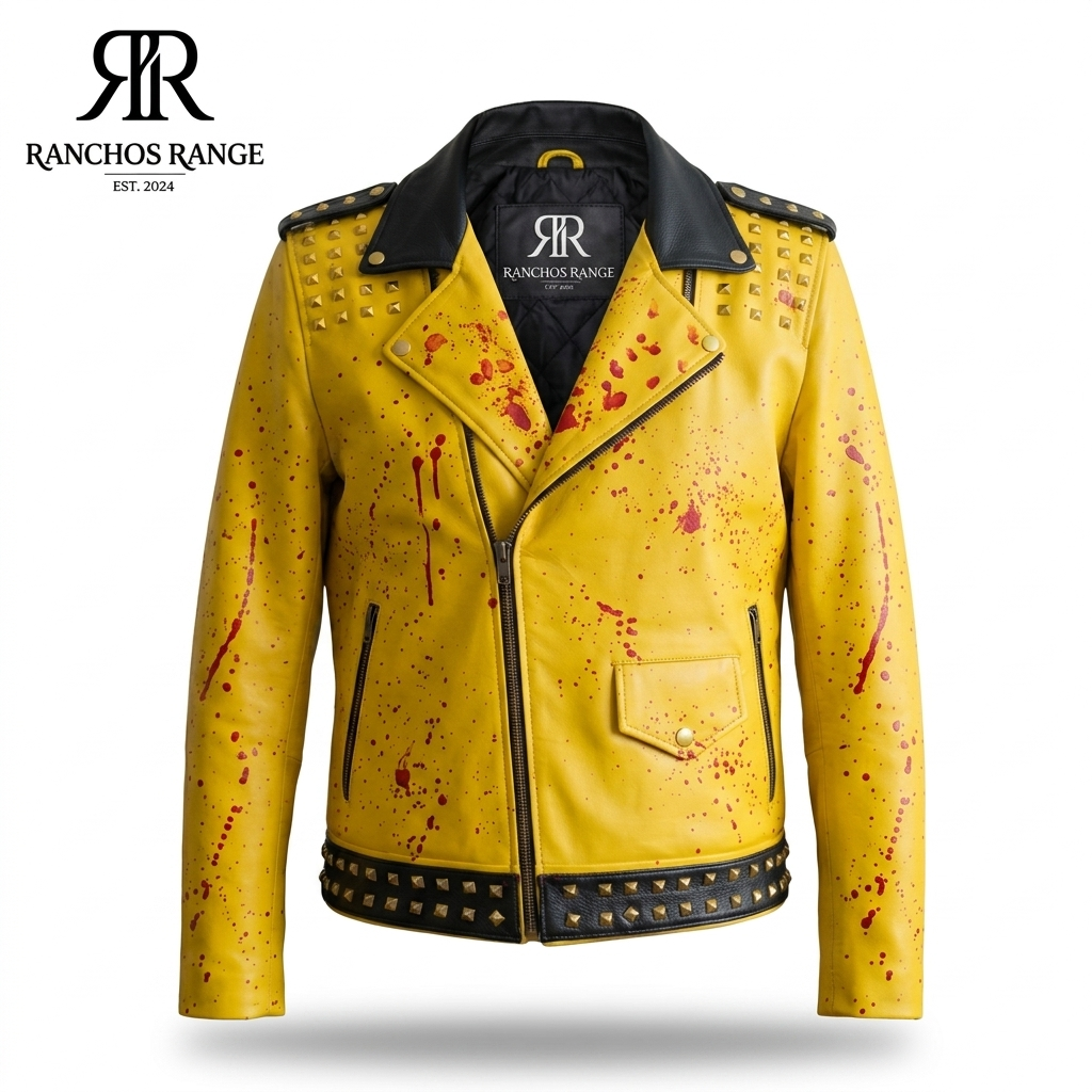 Ranchos Range Custom Yellow Studded Leather Jacket – Hand-Painted Blood Splatter Design