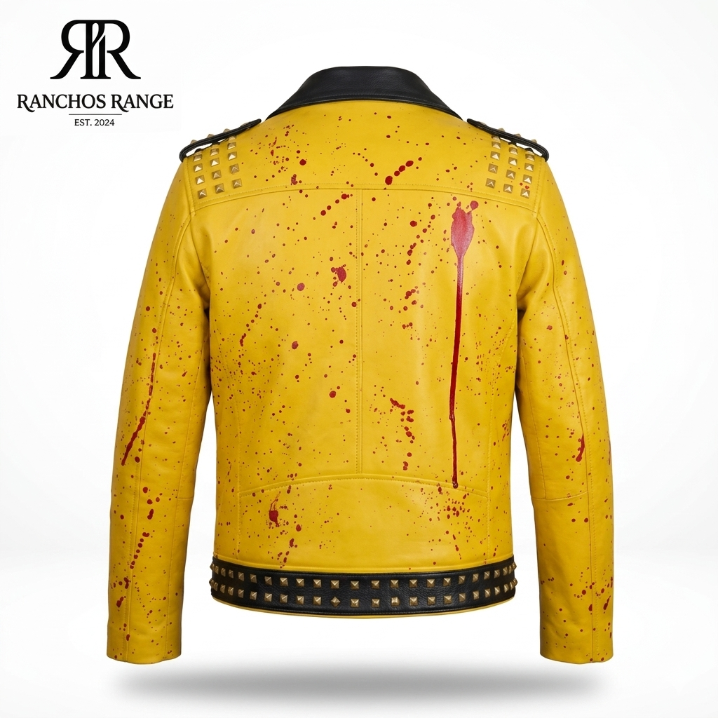 Ranchos Range Custom Yellow Studded Leather Jacket – Hand-Painted Blood Splatter Design