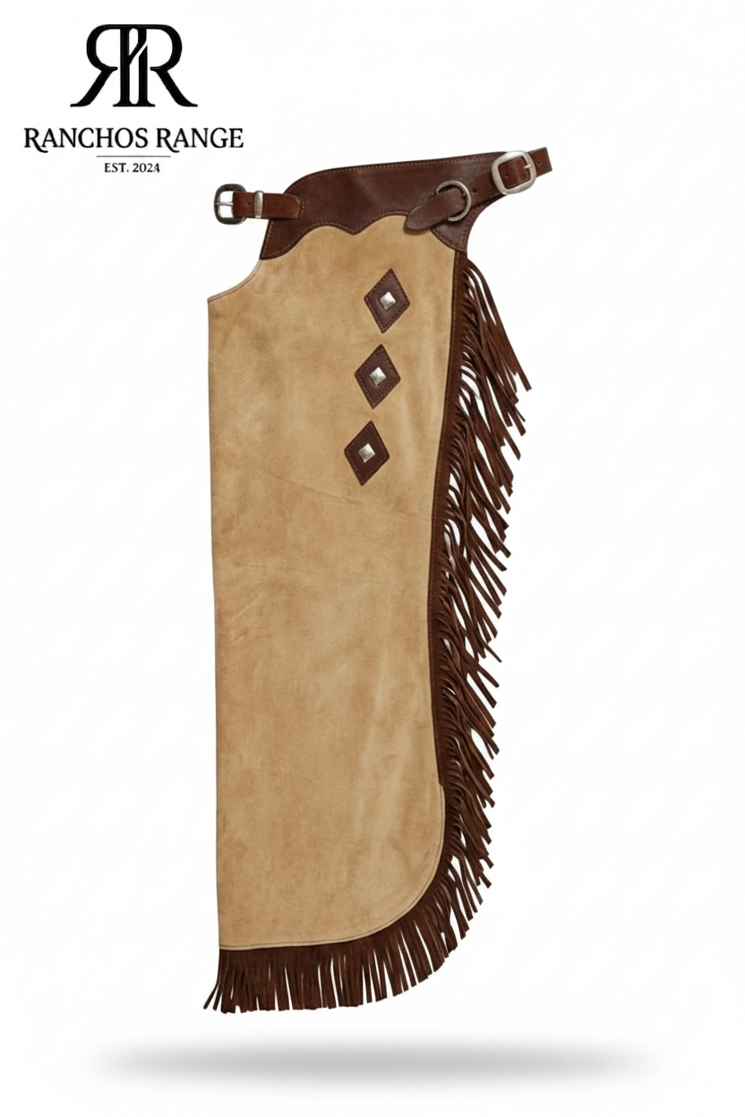 Custom Western Leather Chaps with Fringe, Hand-Tooled Basketweave Belt, Genuine Dark Brown Leather chap