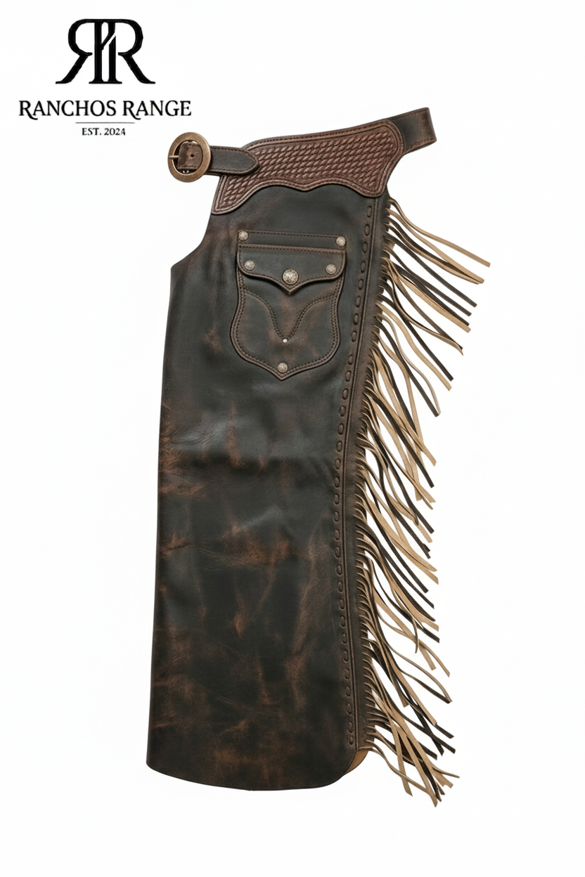 Custom Western Leather Chaps with Fringe, Hand-Tooled Basketweave Belt, Genuine Dark Brown Leather Chinks for Horseback Riding and Rodeo