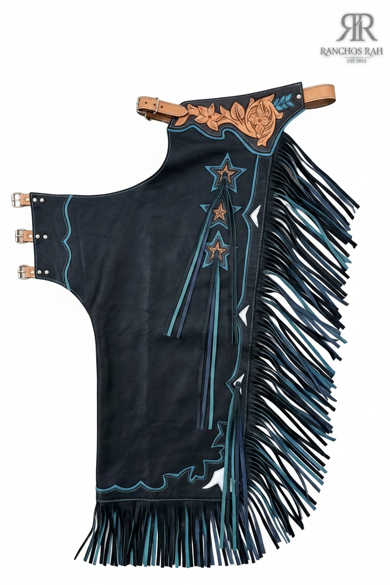 Custom Leather Rodeo Chaps Western Show Chaps with Floral Tooling & Turquoise Stars Fringe Cowboy Chaps, Custom Rodeo Gear, Ranch Riding Chaps