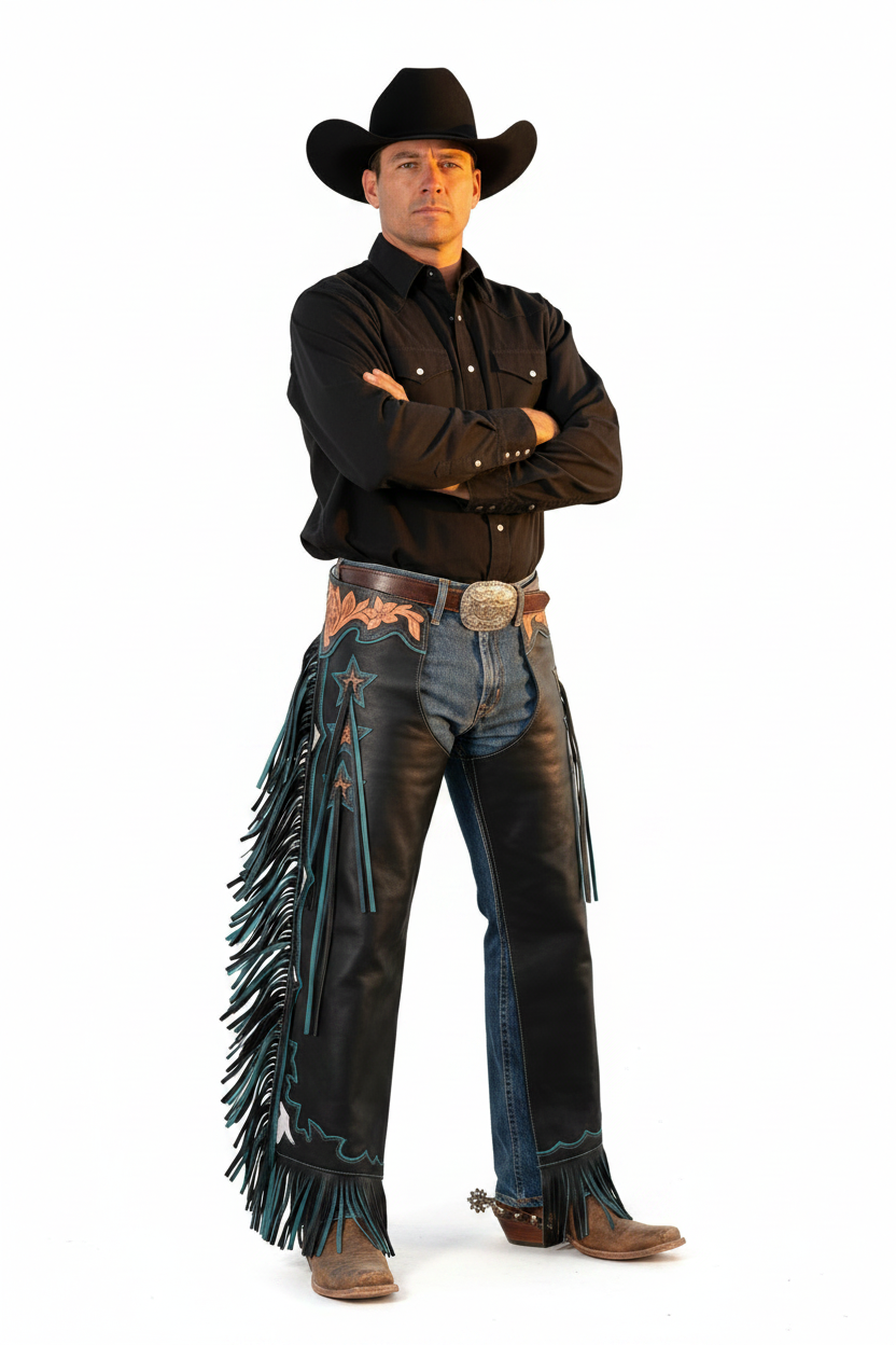 Custom Leather Rodeo Chaps Western Show Chaps with Floral Tooling & Turquoise Stars Fringe Cowboy Chaps, Custom Rodeo Gear, Ranch Riding Chaps