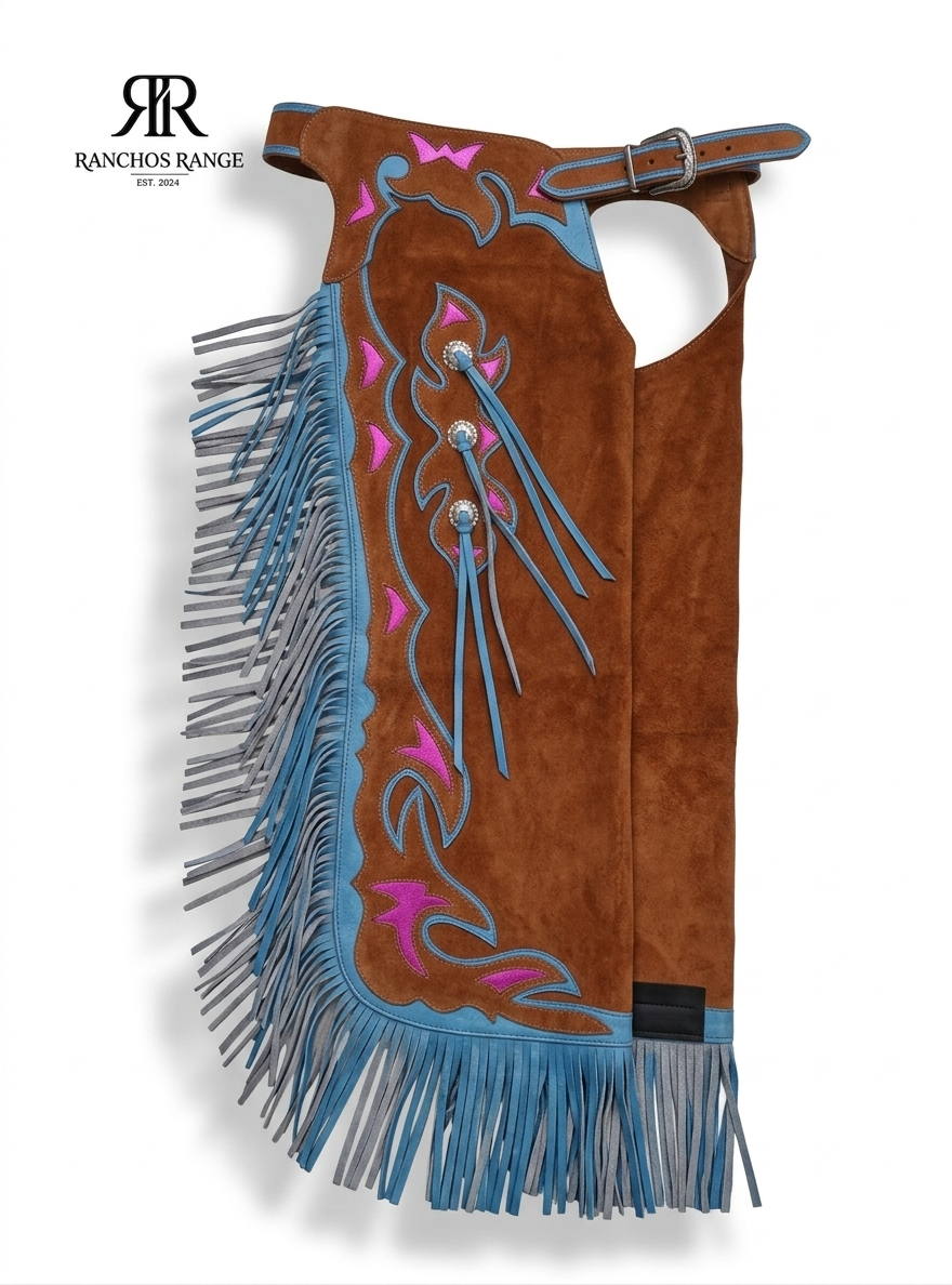 Custom Bull Riding Chaps - Pro Rodeo Leather Chaps - Brown Suede with Blue & Pink Inlay - Western Horse Riding Gear - Ranchos Range Handmade