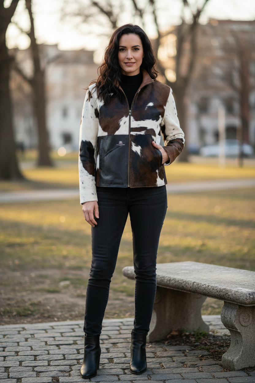 Western Cowhide Leather Jacket, Brown White Spotted Fur Coat, Mens Luxury Cow Hide Bomber Jacket, Streetwear Leather Jacket by Ranchos Range