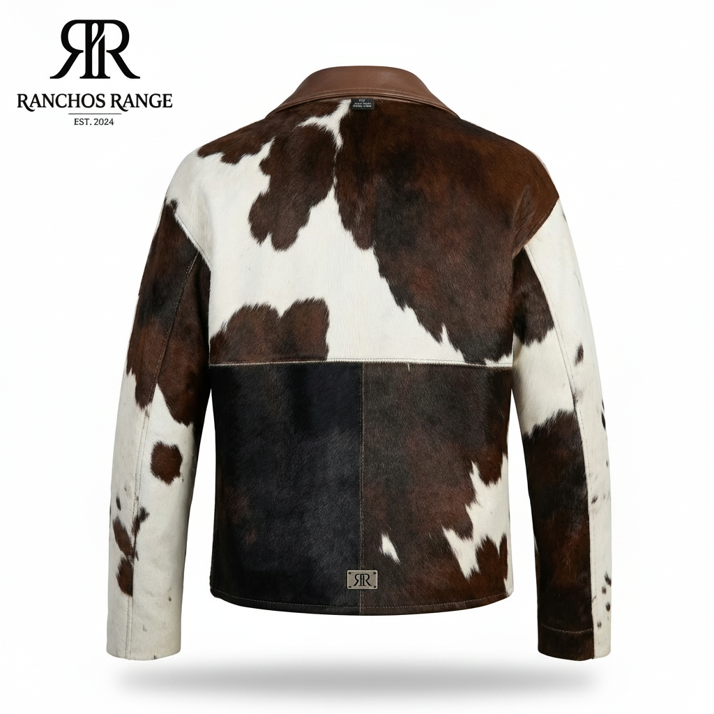 Western Cowhide Leather Jacket, Brown White Spotted Fur Coat, Mens Luxury Cow Hide Bomber Jacket, Streetwear Leather Jacket by Ranchos Range