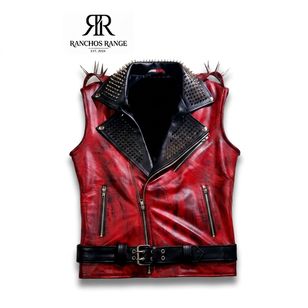 Ranchos Range Men’s Premium Red Distressed Leather Biker Vest with Spikes