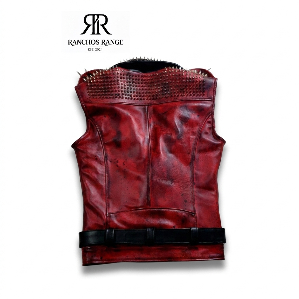 Ranchos Range Men’s Premium Red Distressed Leather Biker Vest with Spikes