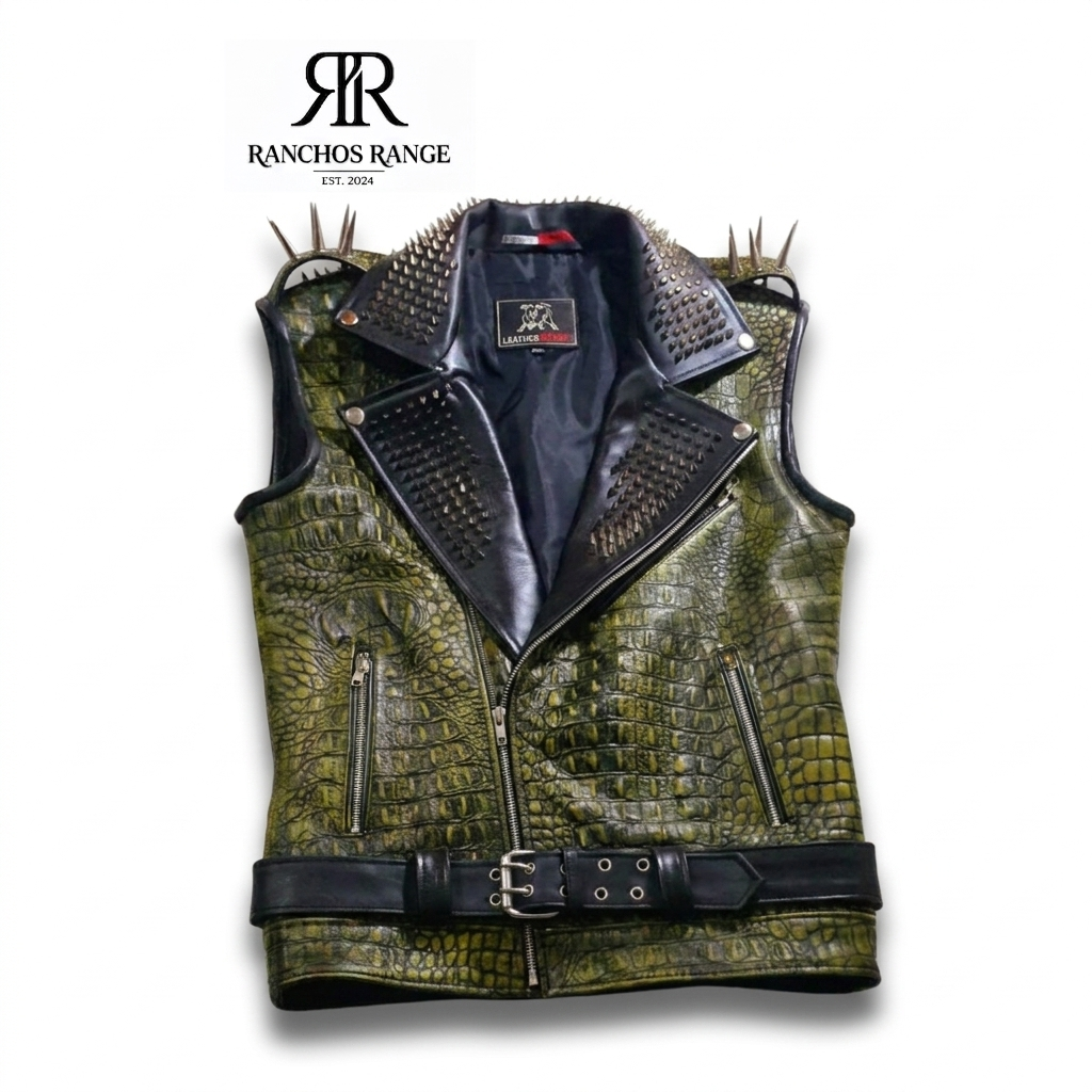 Ranchos Range Premium Spiked Green Crocodile-Embossed Leather Biker Vest