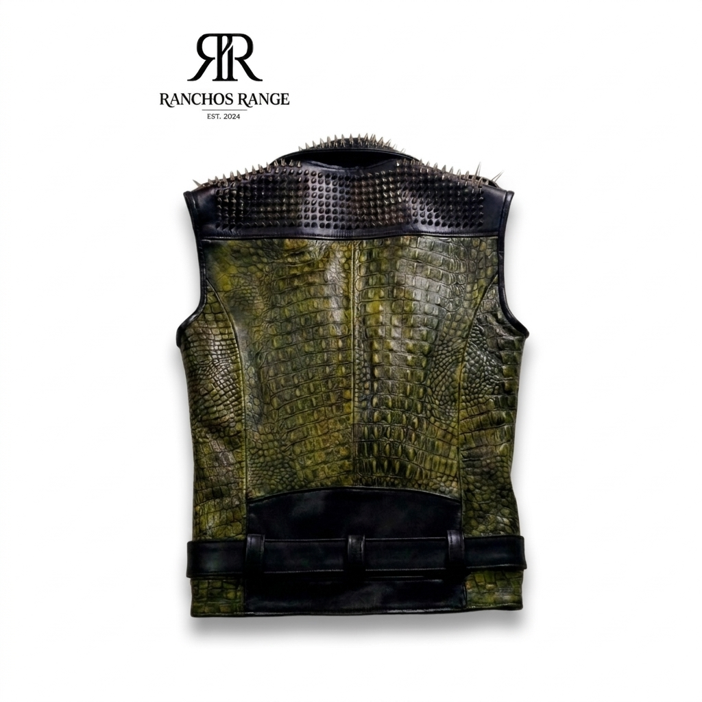Ranchos Range Premium Spiked Green Crocodile-Embossed Leather Biker Vest