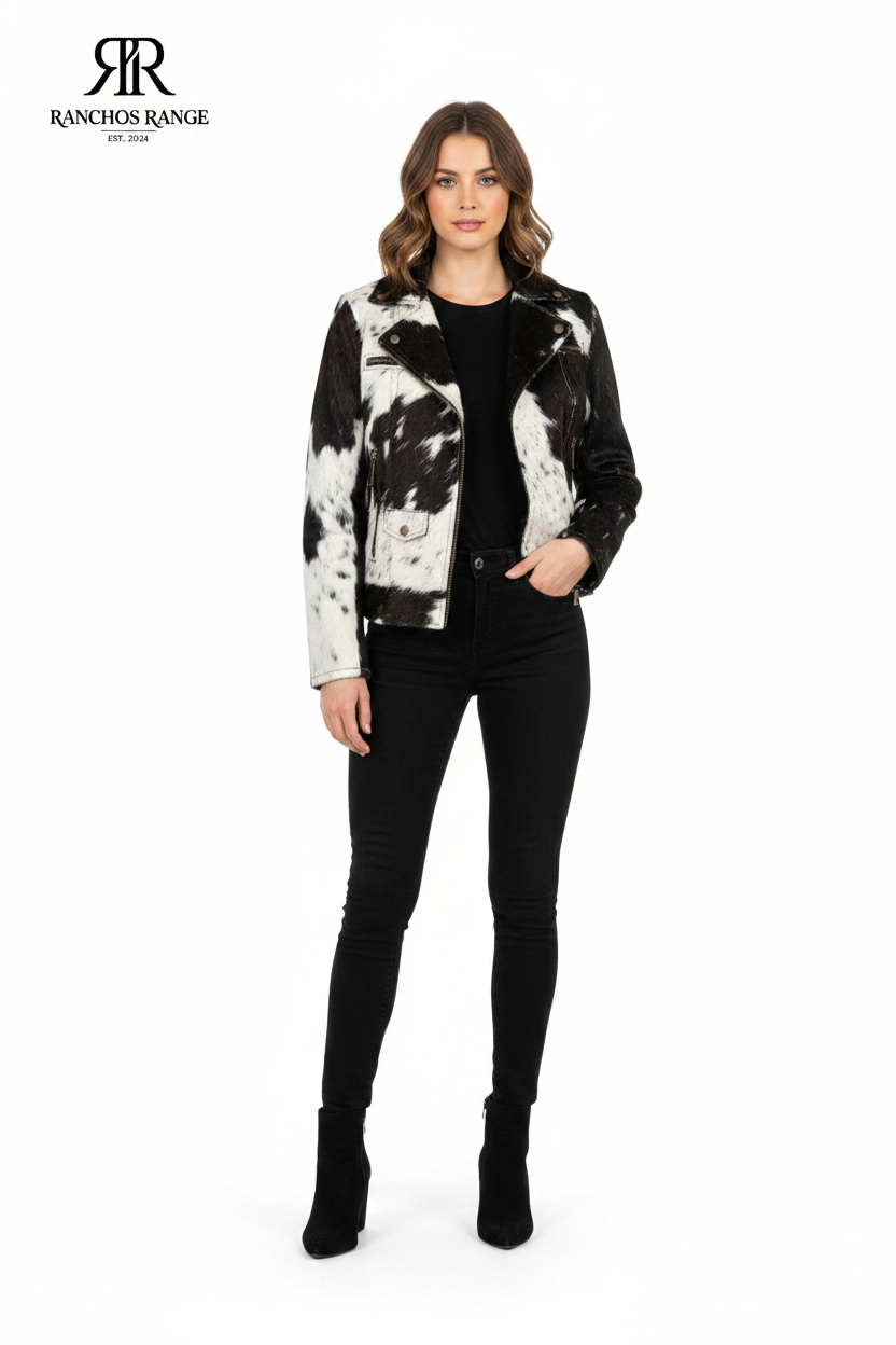 Cowhide Leather Jacket Men Women | Genuine Cow Fur Moto Jacket | Western Black and White Hair on Hide Leather Coat | Ranchos Range Jacket