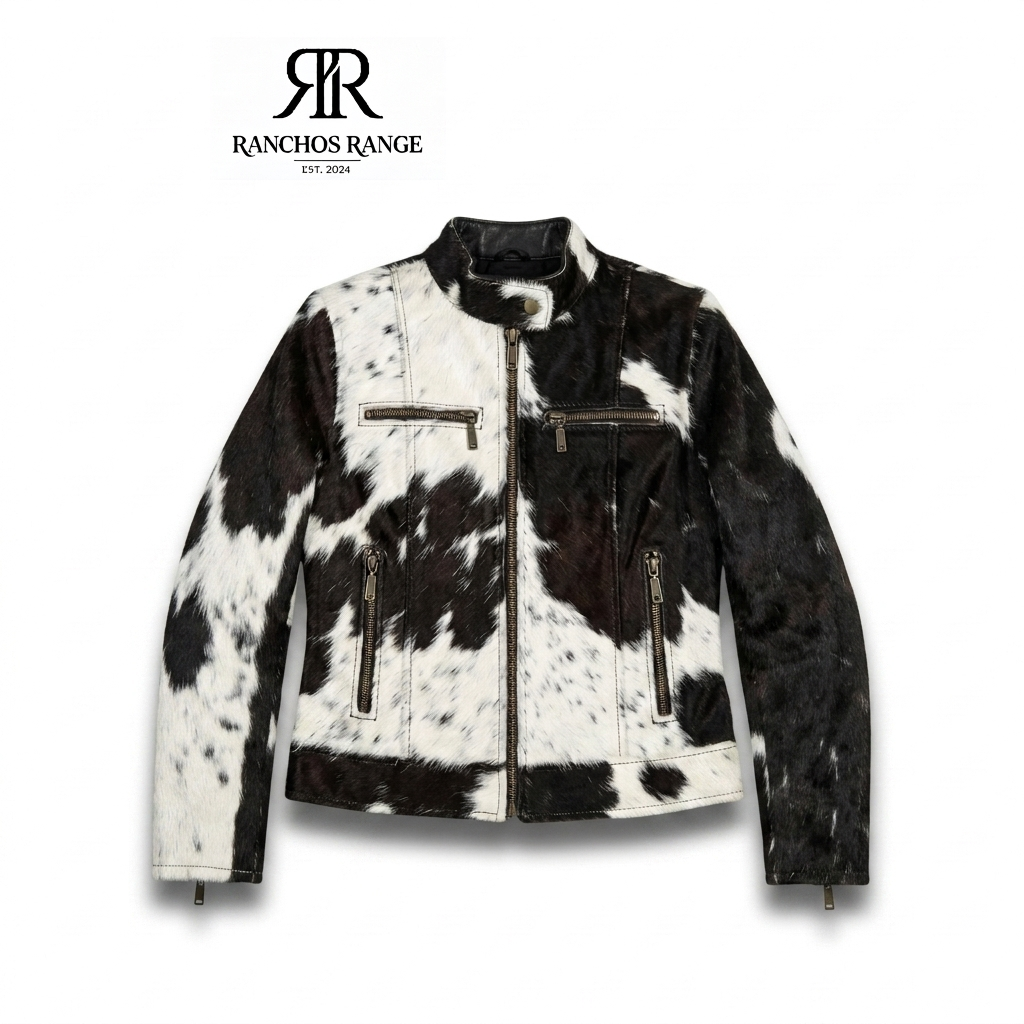 Cowhide Leather Jacket Men Women | Genuine Cow Fur Moto Jacket | Western Black and White Hair on Hide Leather Coat | Ranchos Range Jacket
