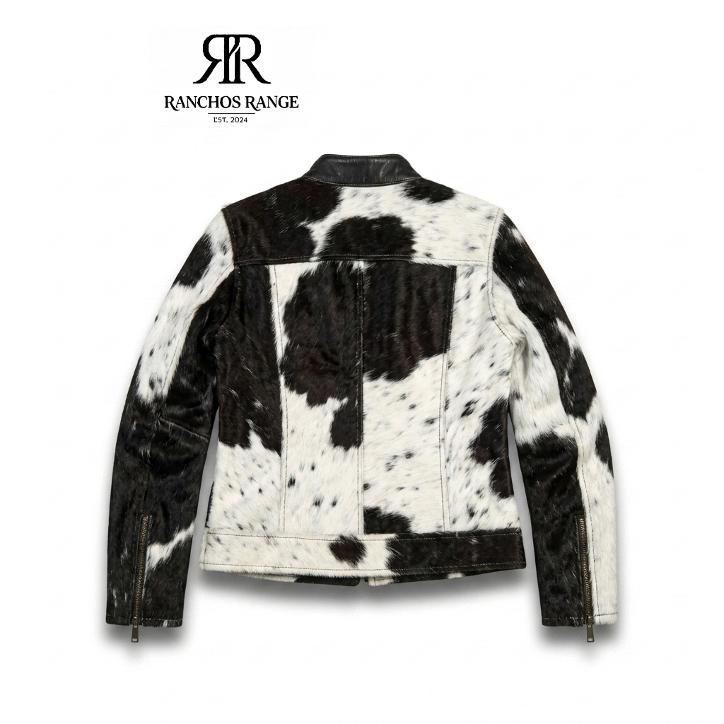 Cowhide Leather Jacket Men Women | Genuine Cow Fur Moto Jacket | Western Black and White Hair on Hide Leather Coat | Ranchos Range Jacket