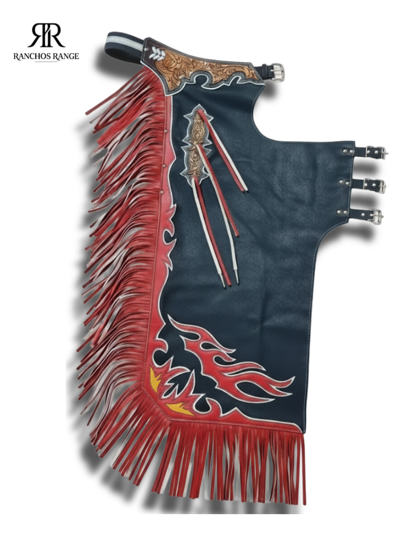 Blue Suede Bull Riding Chaps – Blue & Red Leather Rodeo Rodeo Chaps with Tooled Yokes and Red/White Fringe