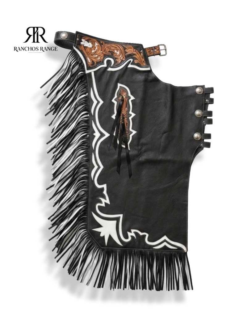 Custom Bull Riding Chaps - Black & White Pro Rodeo Leather Chaps with Tooled Floral Yoke and Fringe - Western Cowboy bull Riding Gear