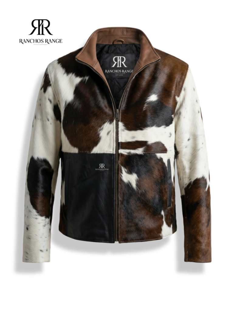 Western Cowhide Leather Jacket, Brown White Spotted Fur Coat, Mens Luxury Cow Hide Bomber Jacket, Streetwear Leather Jacket by Ranchos Range