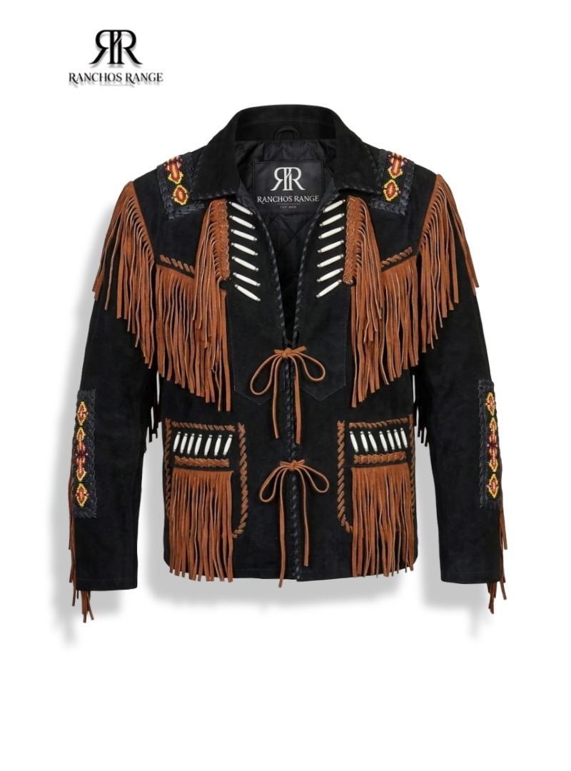 Men's Western Fringe Leather Jacket - Handmade Black Suede Cowboy Jacket with Beads & Bone Piping - Traditional Native American Style Rodeo Coat - Ranchos Range Custom Suede Biker Jacket
