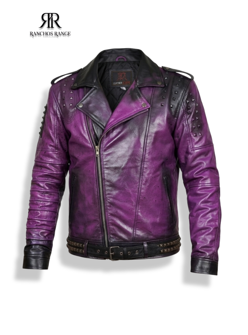 Custom Purple Distressed Leather Jacket - Hand-Painted Studded Biker Jacket - Punk Rock Steampunk Streetwear - Men's & Women's Genuine Leather