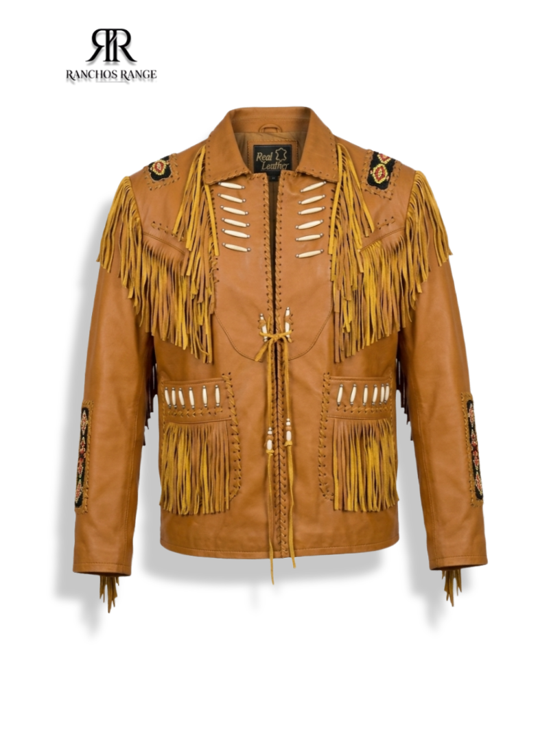 Vintage Tan Leather Fringe Jacket - Western Suede Biker Coat - Festival Wear, Cowgirl Style with Beaded Patches & Back Fringe