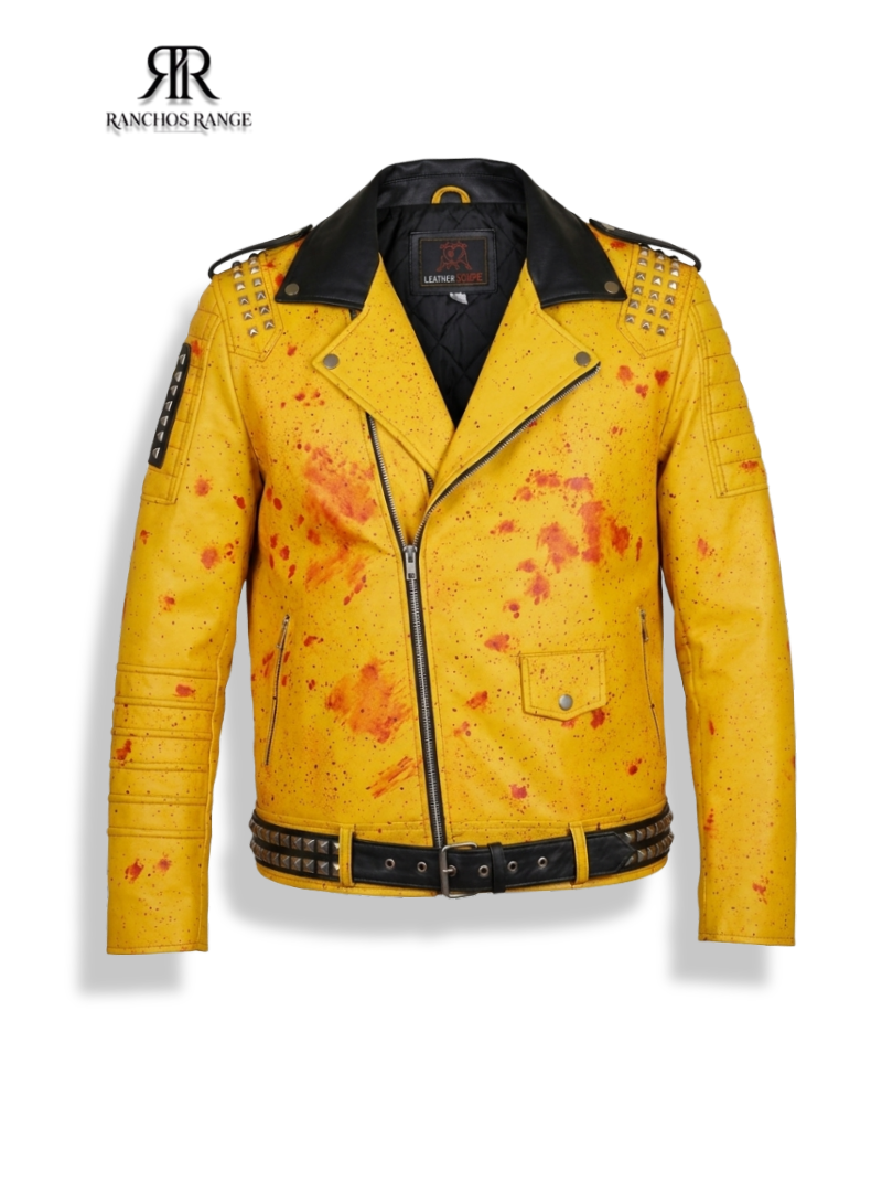 Men's Yellow Distressed Leather Biker Jacket - Blood Splat Punk Style with Studs