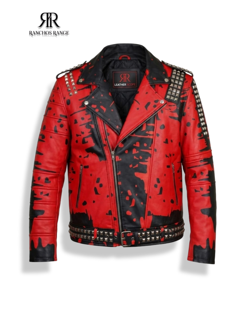 Studded Red and Black Leather Biker Jacket - Punk Rock Distressed Splatter Print Moto Jacket for Men - Ranchos Range Heavy Metal Spiked Streetwear