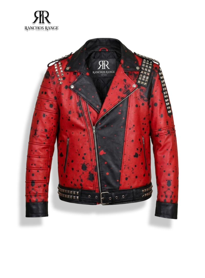 Gothic Punk Red Biker Jacket with Black Splatter and Studs, Distressed Streetwear Faux Leather Moto Coat for Rock Fashion