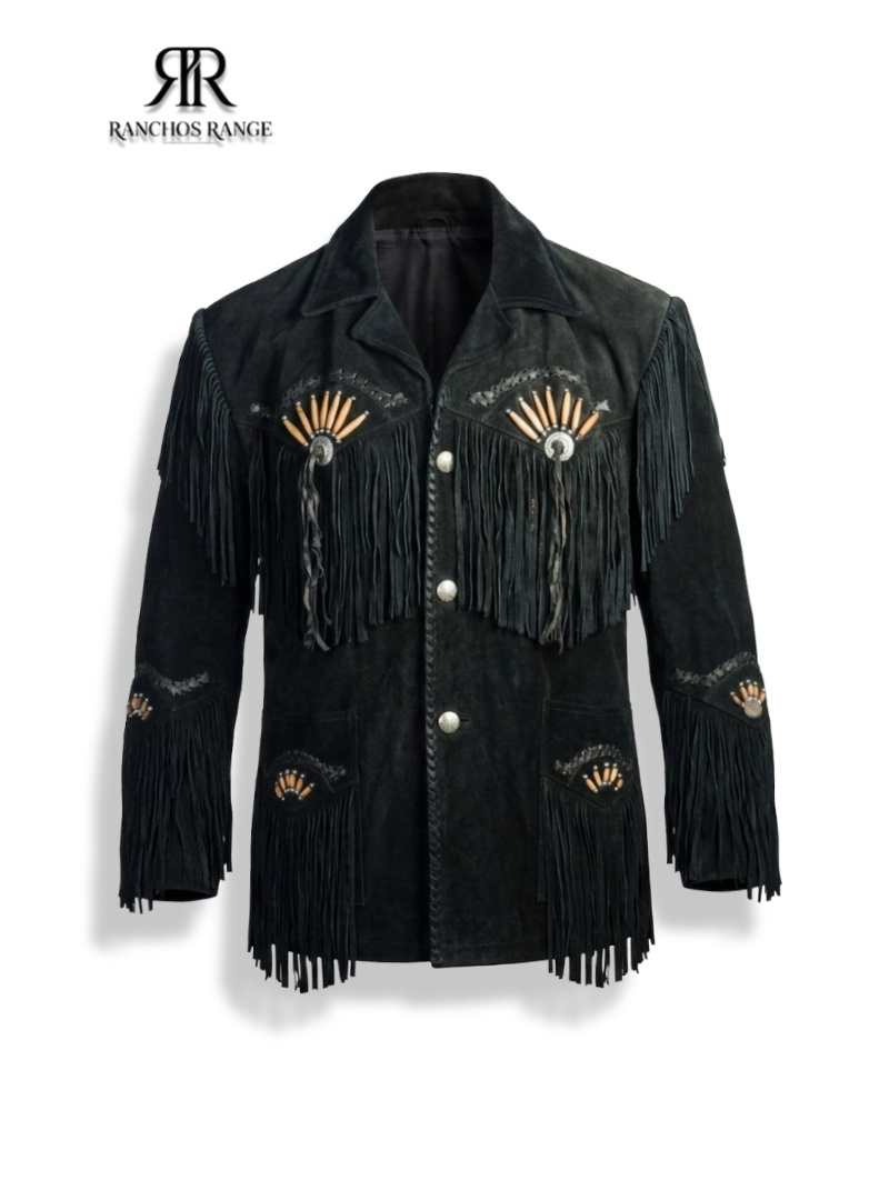 Ranchos Range Men’s Black Suede Western Jacket - Authentic Fringe & Beadwork Cowboy Coat - Traditional Southwestern Suede Outwear