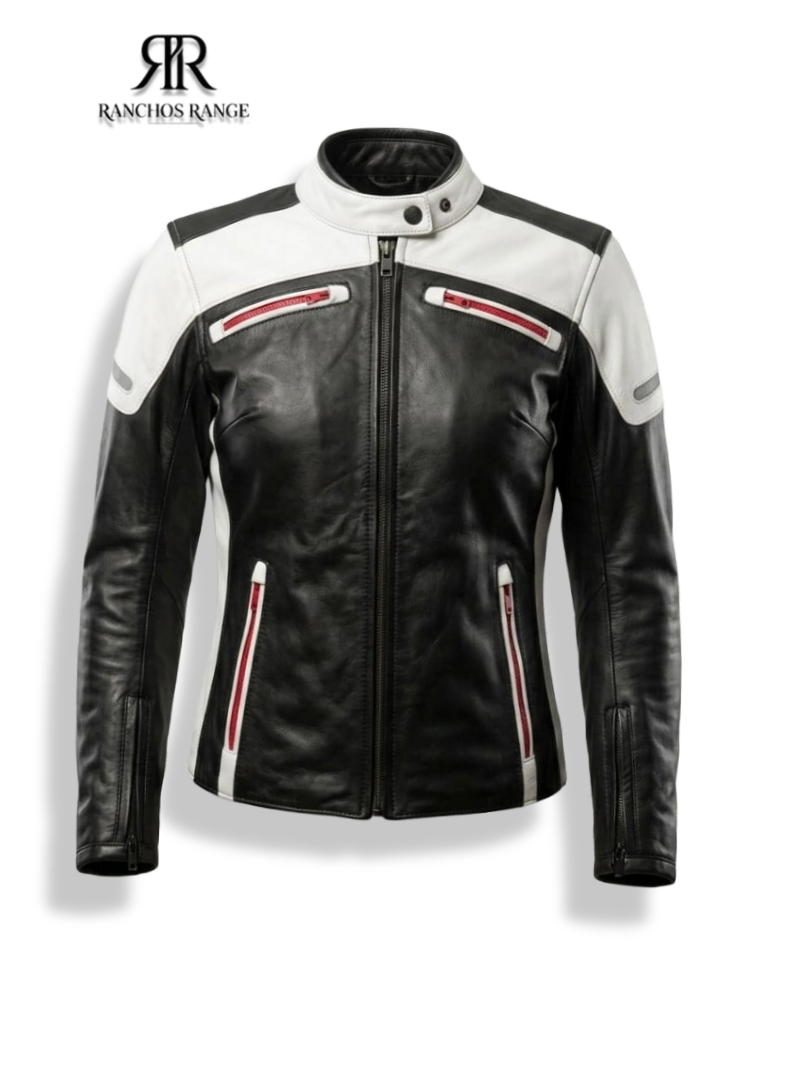 Ranchos Range Women's Leather Biker Jacket - Stylish Black & White Motorcycle Riding Gear - Protective Women's Moto Coat - Cafe Racer Style