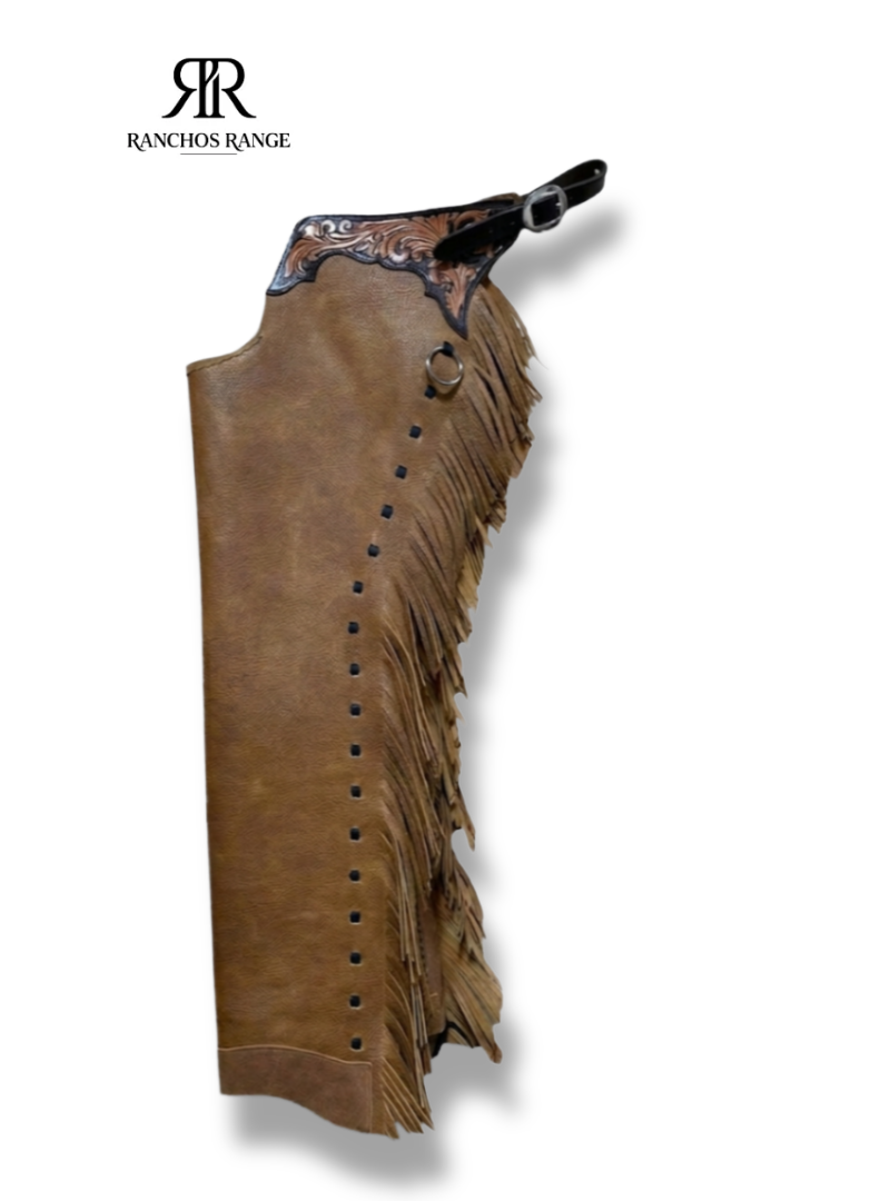 Ranchos Range Custom Western Leather Rodeo Chaps – Tooled Leather Yoke & Fringe Cowboy Riding Chaps