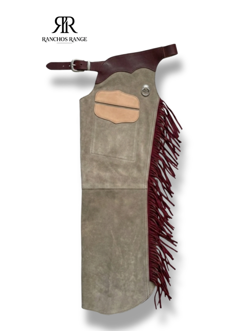 Custom Cowboy Chaps – Grey Roughout Leather with Deep Burgundy Fringe and Tooled Waistband