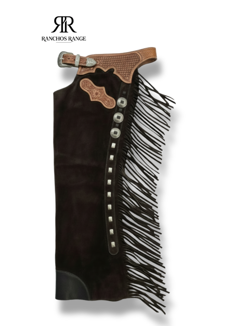 Custom Bull Riding Chaps - Dark Brown Suede Leather Rodeo Gear with Tooled Basketweave Yoke & Fringe - Professional Performance Western Chaps