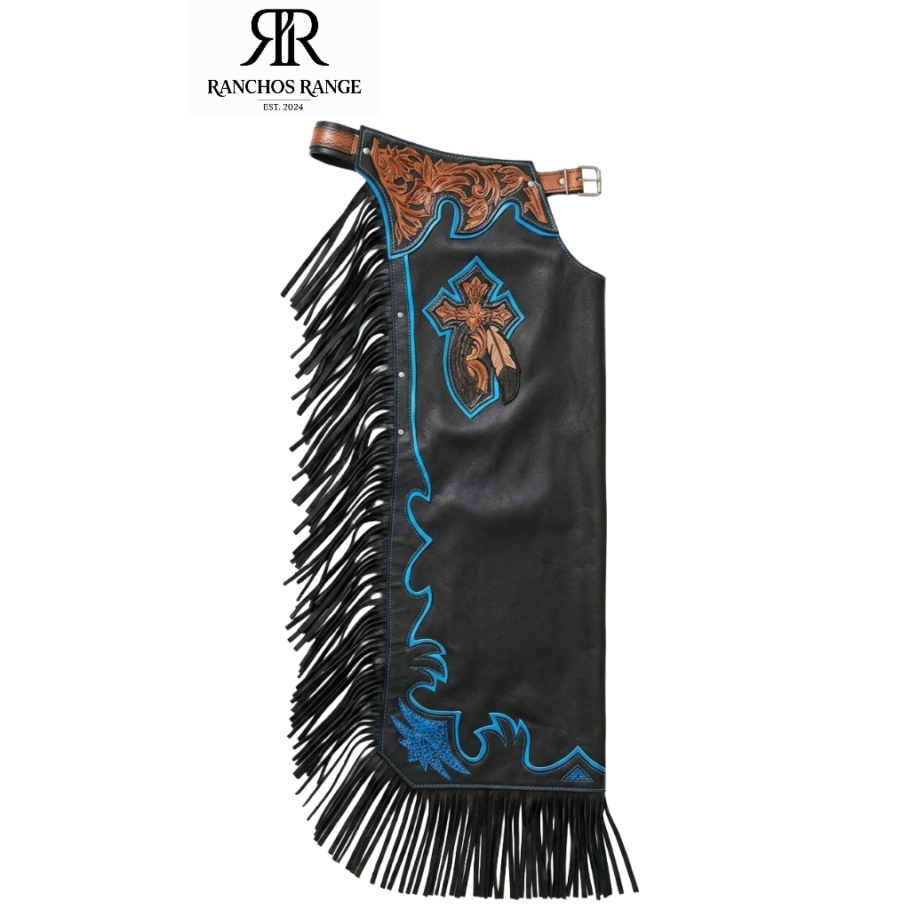 Leather Rodeo Chaps Western Show Chaps with Floral Tooling & Turquoise Stars Fringe Cowboy Chaps, Custom Rodeo Gear, Ranch Riding Chaps (Copy)