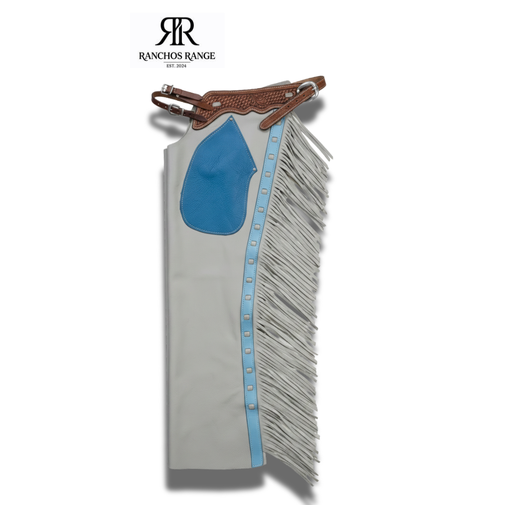 Custom Western Leather Rodeo Chaps - Hand-Tooled Basketweave Yoke with Blue Suede and Grey Smooth Leather - Unique Patterned Fringe - Professional Equestrian Gear - Ranchos Range