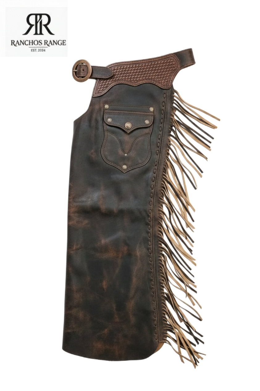 Custom Western Leather Chaps with Fringe, Hand-Tooled Basketweave Belt, Genuine Dark Brown Leather Chinks for Horseback Riding and Rodeo