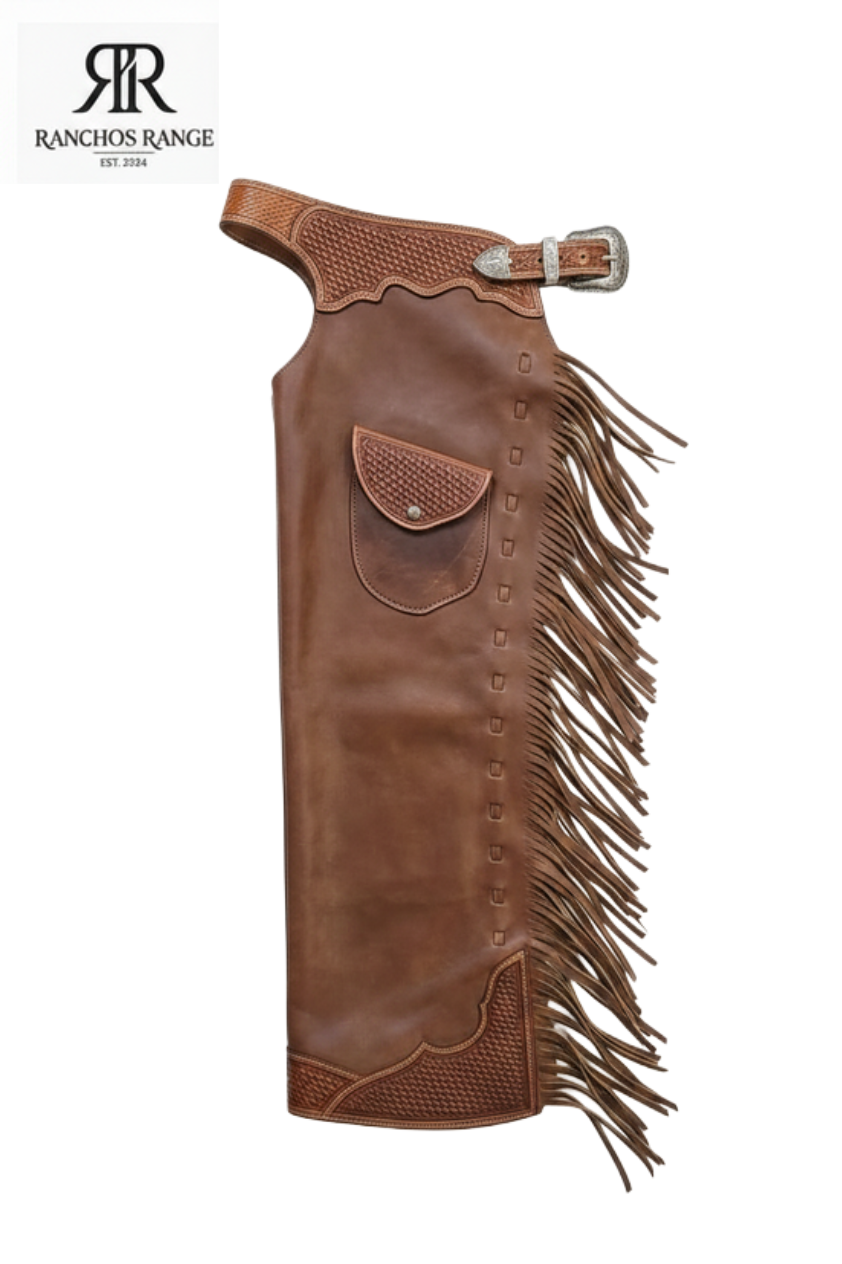 Custom Leather Horse Riding Chaps | Tooled Leather Western Show Chaps with Fringe and Pocket | Genuine Leather Equestrian Gear | Ranchos Range