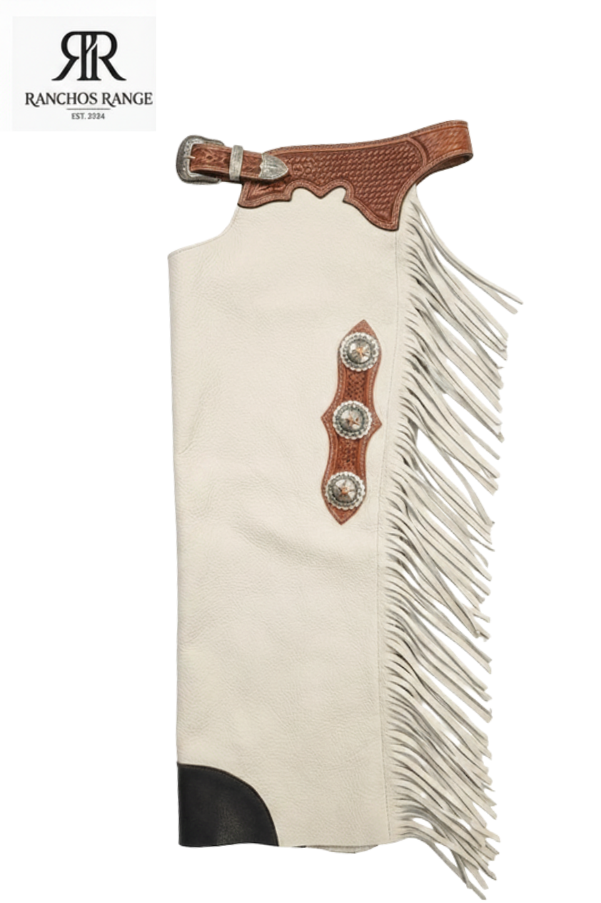 Custom Bull Riding Chaps - Cream Leather Rodeo Chaps with Tooled Basketweave Yoke and Silver Conchos - Professional Western Pro Rodeo Gear