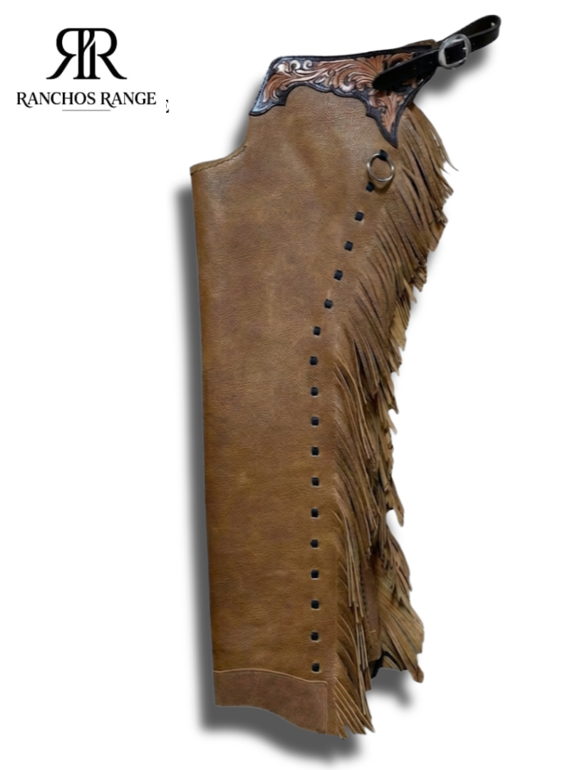 Ranchos Range Custom Western Leather Rodeo Chaps – Tooled Leather Yoke & Fringe Cowboy Riding Chaps