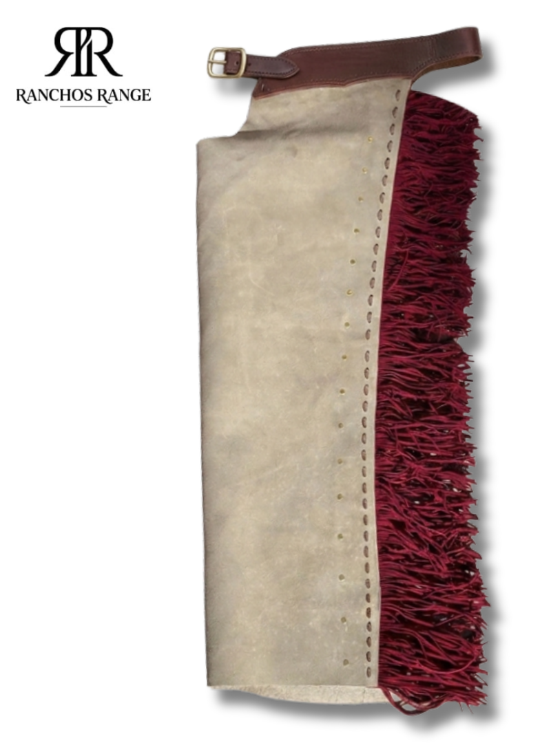 Custom Cowboy Chaps – Grey Roughout Leather with Deep Burgundy Fringe and Tooled Waistband