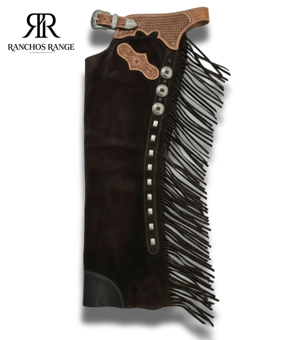 Custom Bull Riding Chaps - Dark Brown Suede Leather Rodeo Gear with Tooled Basketweave Yoke & Fringe - Professional Performance Western Chaps