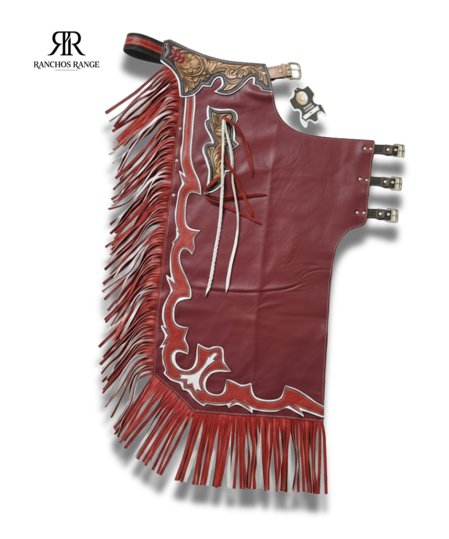 Custom Bull Riding Chaps - Red & White Leather Rodeo Chaps with Western Floral Tooling - Pro Rodeo Gear for Men & Women - Ranchos Range Equestrian