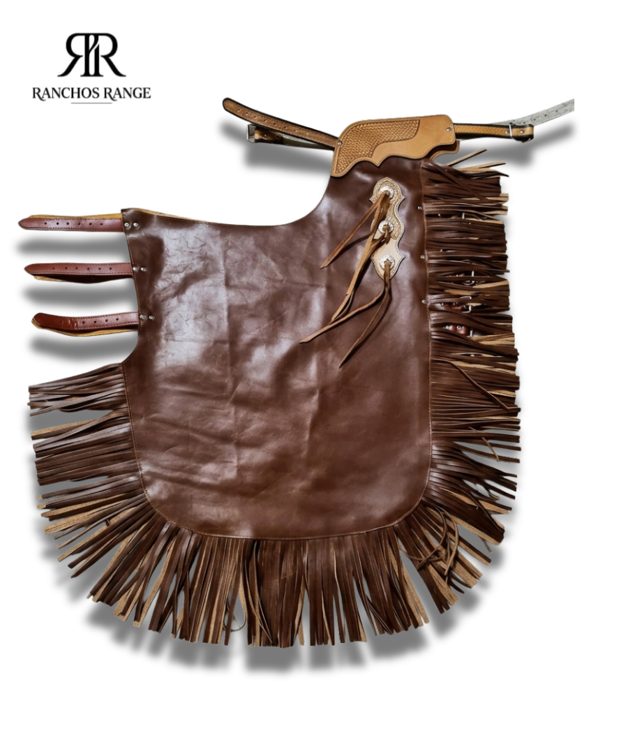 Custom Handmade Leather Rodeo Bull Riding Chaps - Brown Pro Rodeo Chaps with Fringe & Tooled Yoke - Western Equestrian Gear