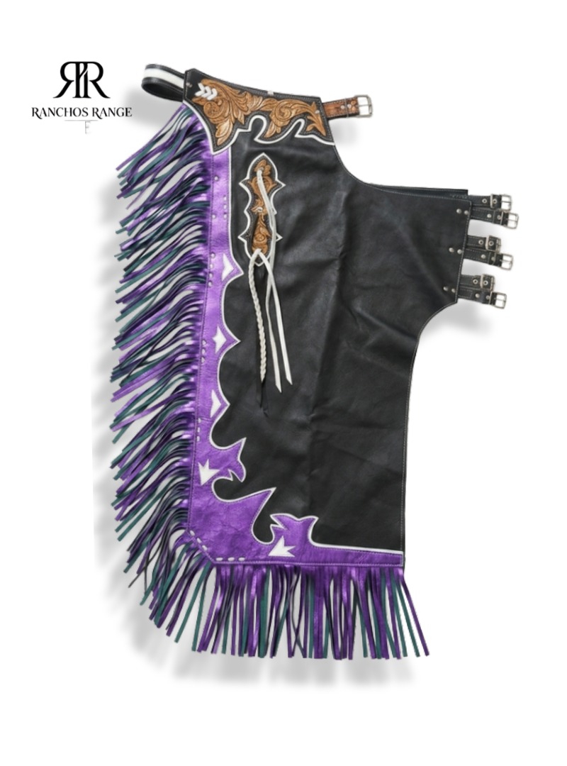 Custom Metallic Purple & Black Leather Rodeo Chaps with Hand-Tooled Floral Oak Details - Ranchos Range Professional Bull Riding Chaps