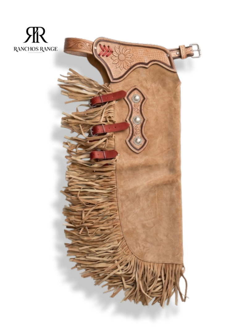 Custom Western Suede Leather Chaps with Floral Tooled Belt | Handmade Cowboy Riding Chinks with Fringe | Personalized Rodeo Gear for Kids & Adults