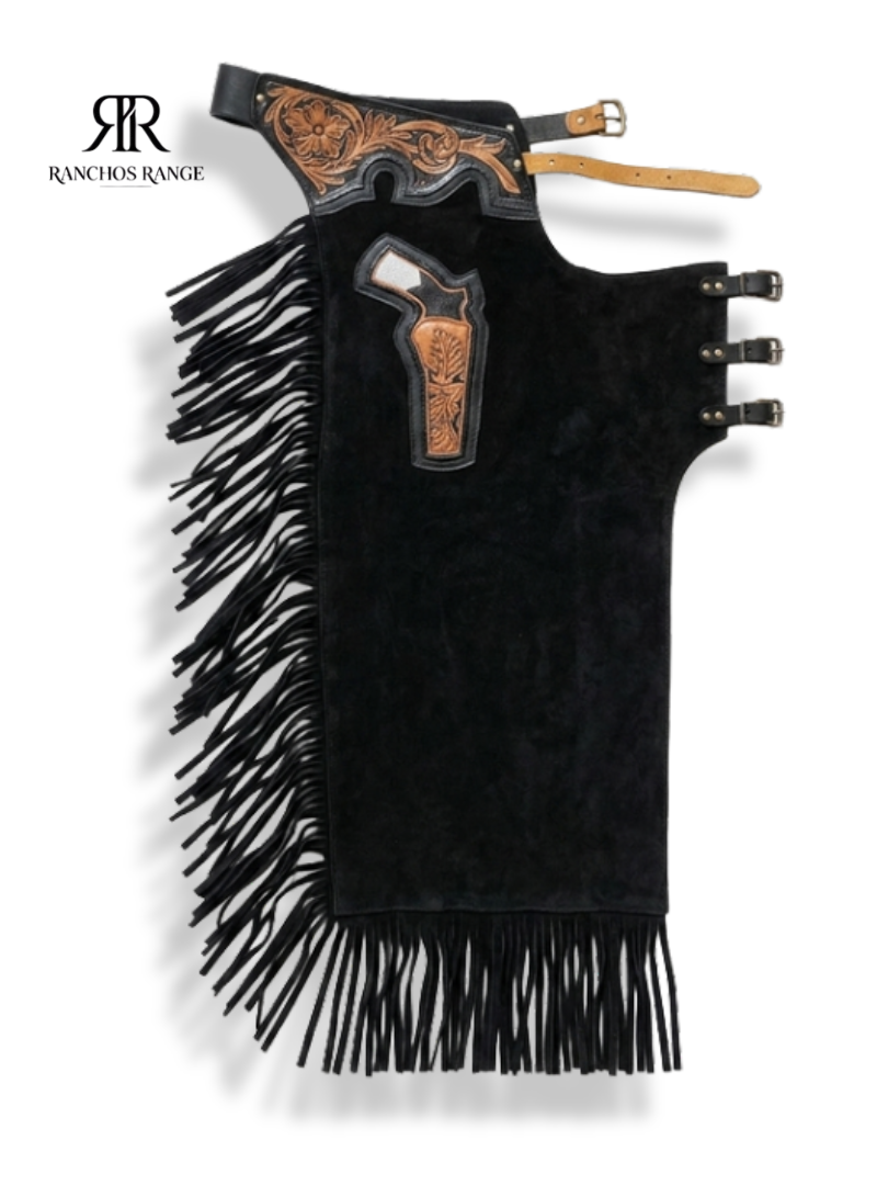 Custom Bull Riding Rodeo Chaps with Hand-Tooled Leather Gun Holster Design - Premium Black Suede Western Chaps - bull  Riding Cowboy Gear