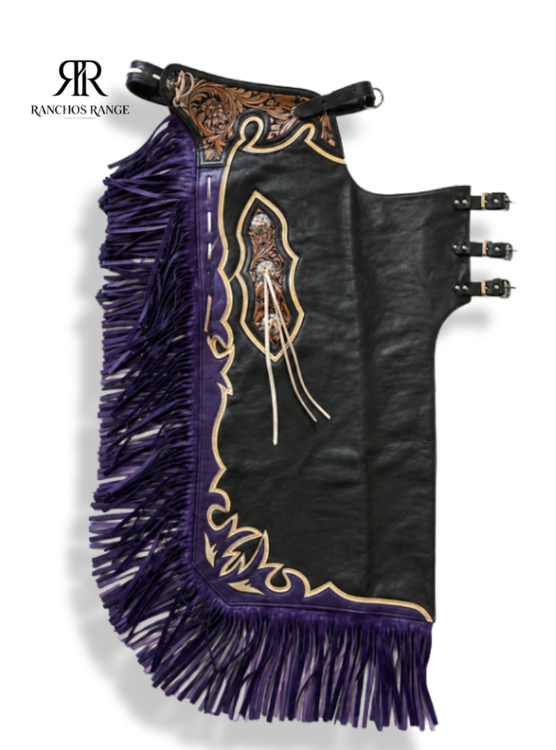 Hand-Tooled Leather Chaps with Purple Fringe – Western Rodeo Gear