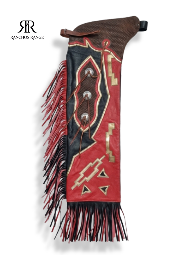 Custom Bull Riding Pro Rodeo Chaps – Red and Black Top-Grain Leather Chinks – Geometric Lightning Inlay Western Chaps with Silver Aztec Conchos