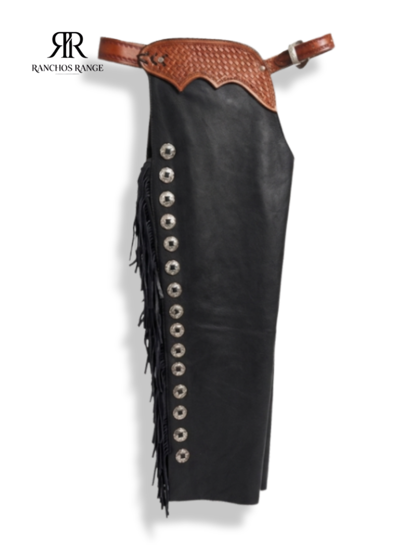 Ranchos Range Custom Bull Riding Chaps - Pro Rodeo Black Leather with Basketweave Tooled Yoke and Silver Conchos
