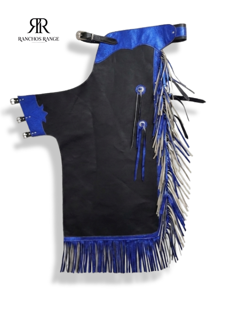 Men's Black & Blue Metallic Leather Rodeo Chaps with Dual-Color Fringe, Western Show Apparel for Horse Riding & Bull Riding, Ranchos Range