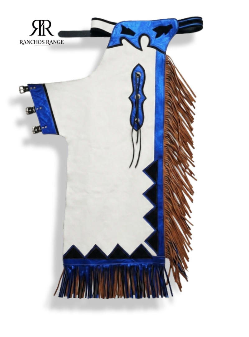 Ranchos Range Custom Leather Rodeo Chaps - White & Metallic Blue - Professional Youth Western Chaps for Bull Riding and Rodeo Events
