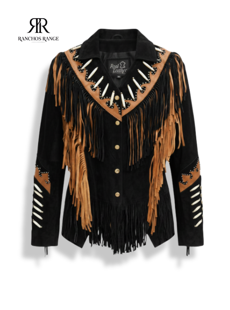 Vintage Style Western Fringe Jacket | Women's Black & Tan Suede Boho Coat with Bone Piping | Native American Inspired Southwestern Leather Outerwear